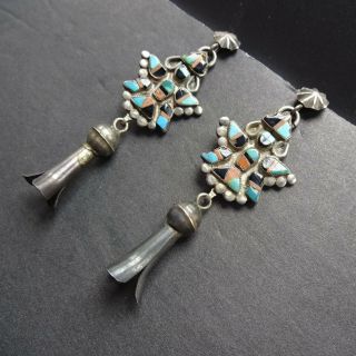 Vintage ZUNI KNIFEWING Inlay and Sterling SQUASH BLOSSOM Repurposed EARRINGS 4