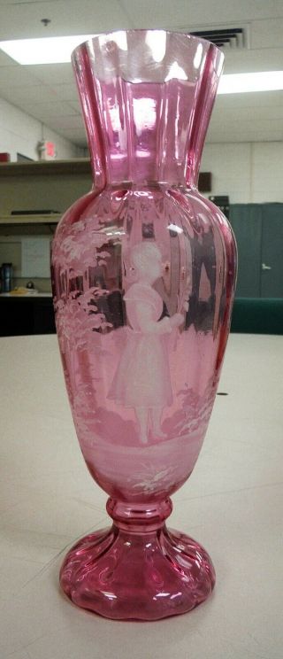 Mary Gregory 10.  5 " Cranberry Glass Vase - Polished Pontil -