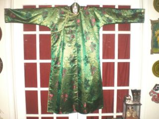 Stunning Old Chinese Green Silk Embroidered Brocade Long Robe/dress/kimono Sz Xl