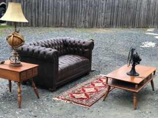 Vintage Leather Tufted Brown Chesterfield Love Seat Home Decor Man Cave