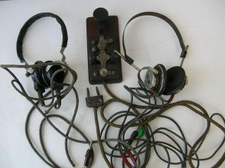 German Signalman Telegraph Morse Key Sender,  2x Radio Head Set Telefunken