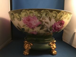 Hand Painted Floral Porcelain Victorian Punch Bowl On Stand - Unmarked Limoges?