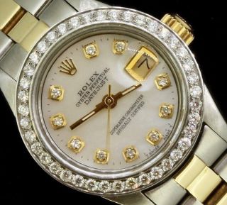 Rolex Ladies Datejust Oyster Stainless Gold Diamond Dial Bezel Pearl Watch