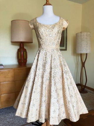50s Silk French Lace Dress 1950s Vintage Gown Beaded Flowers Rhinestones Pearls