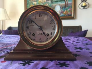 Vintage Brass 4.  5 " Chelsea Ships Bell Clock With Cradle Stand Made 1965