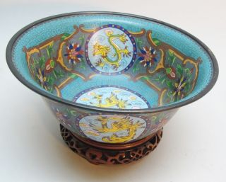 Fine Large Antique Chinese Cloisonne Bowl W/ Dragons & Phoenix C.  1920 Antique