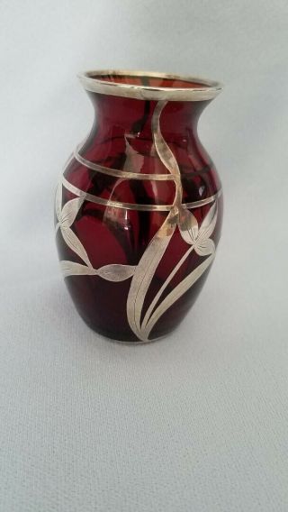 Antique Sterling Silver Overlay Vase Ruby Cranberry Red Glass