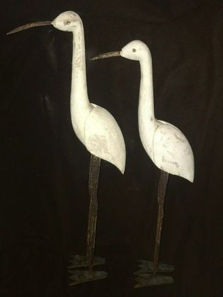 Vtg Antique Primitive Folk Art Wood & Steel Bird Egret Heron Handmade Set Of 2