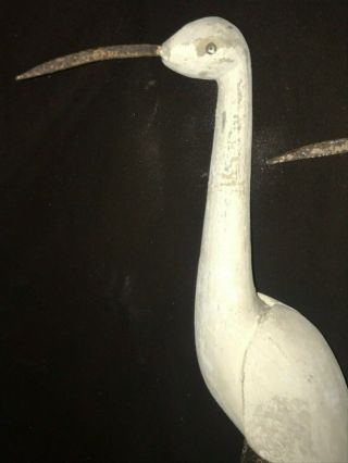 Vtg Antique Primitive Folk Art Wood & Steel Bird Egret Heron Handmade Set of 2 3