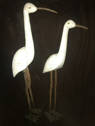 Vtg Antique Primitive Folk Art Wood & Steel Bird Egret Heron Handmade Set of 2 7