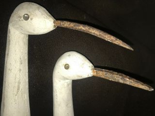 Vtg Antique Primitive Folk Art Wood & Steel Bird Egret Heron Handmade Set of 2 8
