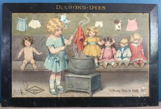 Antique Rare C.  1911 Diamond Dyes " A Busy Day In Dollville " Tin Sign Collectible