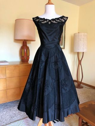 50s Howard Greer Silk Beaded Lace Dress Designer Couture 1950s Vintage Gown