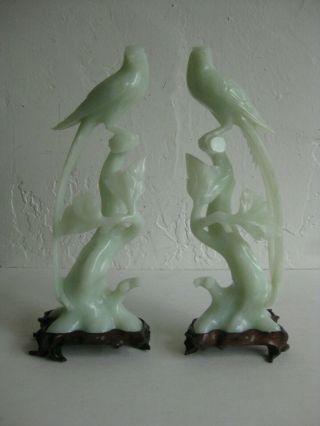 Fine Old Chinese Carved Celadon Jade Phoenix Birds Statue Sculpture W/stands Pr