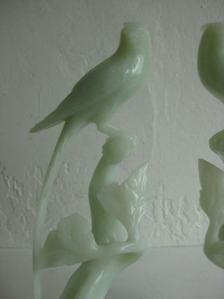 Fine Old Chinese Carved Celadon Jade Phoenix Birds Statue Sculpture w/Stands Pr 2