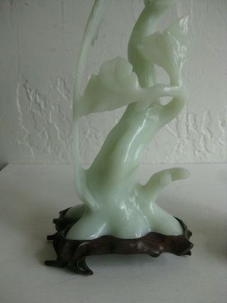 Fine Old Chinese Carved Celadon Jade Phoenix Birds Statue Sculpture w/Stands Pr 3