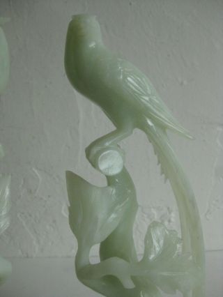 Fine Old Chinese Carved Celadon Jade Phoenix Birds Statue Sculpture w/Stands Pr 4