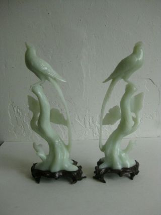 Fine Old Chinese Carved Celadon Jade Phoenix Birds Statue Sculpture w/Stands Pr 8