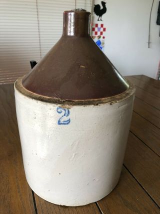 Antique 2 Gallon Stoneware Moonshine Whiskey Jug Crock - Brown On Beige Vintage