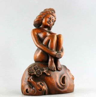 Collectable China Antique Boxwood Carve Shy Naked Belle Unique Delicate Statue 4
