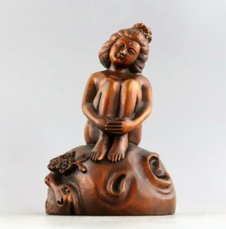 Collectable China Antique Boxwood Carve Shy Naked Belle Unique Delicate Statue 5