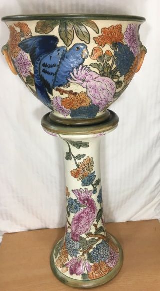 Rare Weller Pottery - Antique Ceramic Parrot & Cockatoo Jardiniere Pedestal 1920s