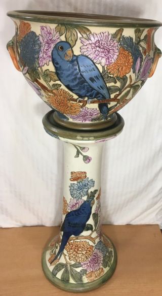 RARE Weller Pottery - Antique Ceramic Parrot & Cockatoo Jardiniere Pedestal 1920s 2