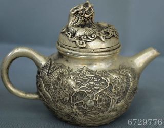 Handwork Ancient Collectable Miao Silver Carve Exorcism Dragon Buddhism Tea Pot