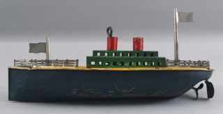 Circa 1930s Antique Tin Wind - Up Toy Ship Pond Model,