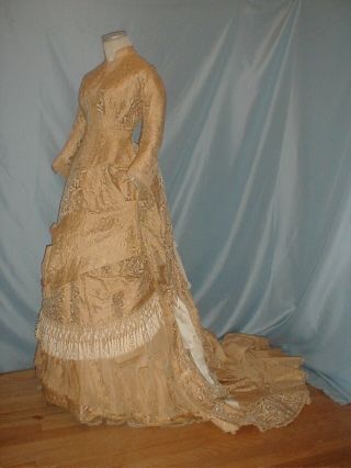 Antique Dress 1870 Gold Floral Silk Brocade Bustle Evening Gown