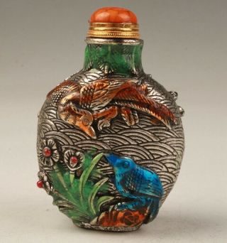 Unique Chinese Copper Coloured Glaze Snuff Bottle Relief Bird Collectible Gift