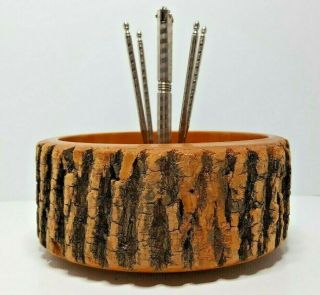 Ellwood Rusticware Vintage Wood Tree Bark Nut Bowl w Nutcracker 4 Picks USA 2