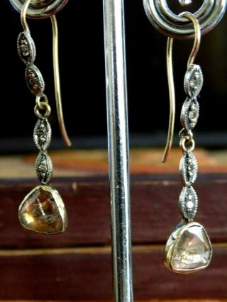 Fine Vintage 1.  5ct Old Mine Rose Cut Diamond 9ct Gold Silver Earrings
