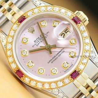 Rolex Ladies Datejust Pink Dial 18k Yellow Gold Ruby Diamond Bezel & Steel Watch