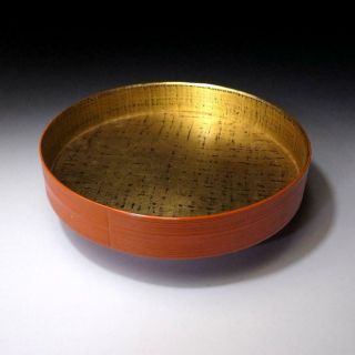 Uc1: Vintage Japanese Lacquered Wooden Tea Plate,  Gold,  Dia.  8.  2 Inches
