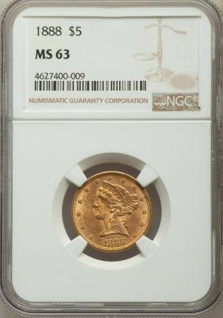 1888 $5 Liberty Head Half Eagle,  Mintage 18,  201.  Wow (absolutely Rare In Ms63)