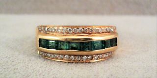 Vtg Channel - Set Emerald & Diamond In 14k,  Gold Ring Midcentury Sze 10 - Estate