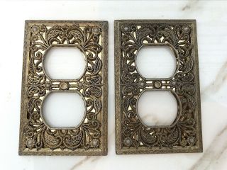 2 Vintage Ornate Outlet Plate Cover Flower Metal Wall Covering