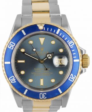 Vintage Rolex Submariner 16803 Two - Tone Gold Steel Tropical Blue 40mm Date Watch