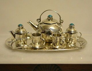 Miniature Sterling Silver Tea Set Dollhouse 1:12 Terquoise Artist Rrw