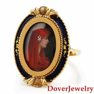 Antique Italian Diamond 18k Gold Enamel Lady Ring 7.  8 Grams Nr