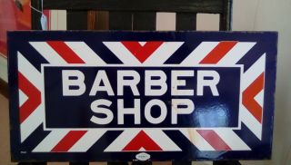 Vintage Barber Shop Sign,  William Marvy Co. ,  Porcelain,  2 Sided 12”x24” Flange