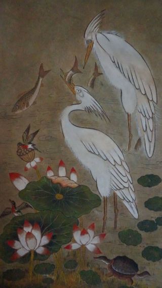 Pre 1940 Korean Minhwa Folk Hand Painting Of Cranes,  Carp,  Turtle,  Birds & Lotus