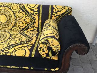 vintage solid wood hand carved large sofa with Gianni Versace upholstery velvet 11