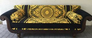Vintage Solid Wood Hand Carved Large Sofa With Gianni Versace Upholstery Velvet