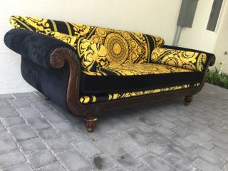 vintage solid wood hand carved large sofa with Gianni Versace upholstery velvet 2