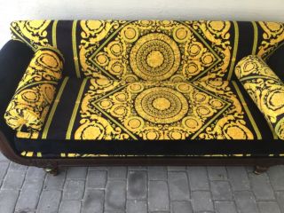 vintage solid wood hand carved large sofa with Gianni Versace upholstery velvet 4