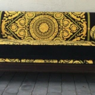 vintage solid wood hand carved large sofa with Gianni Versace upholstery velvet 5