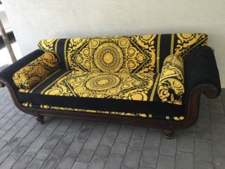 vintage solid wood hand carved large sofa with Gianni Versace upholstery velvet 6