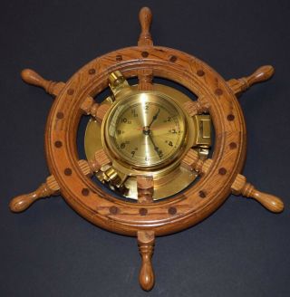 Heavy Brass Oak Ship’s Wheel Helm Nautical DÉcor Wall Clock